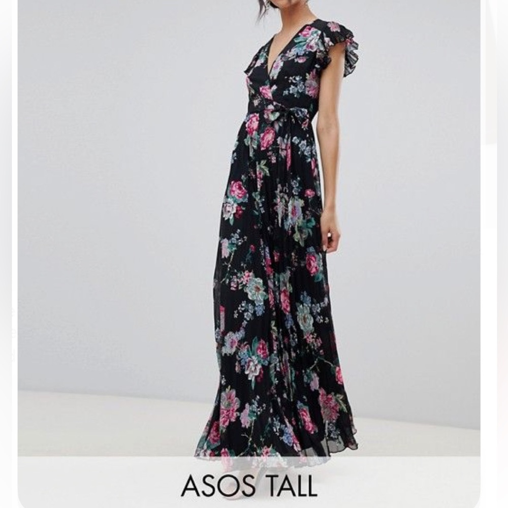ASOS Black Floral Maxi Dress with Pink and Green Accents
